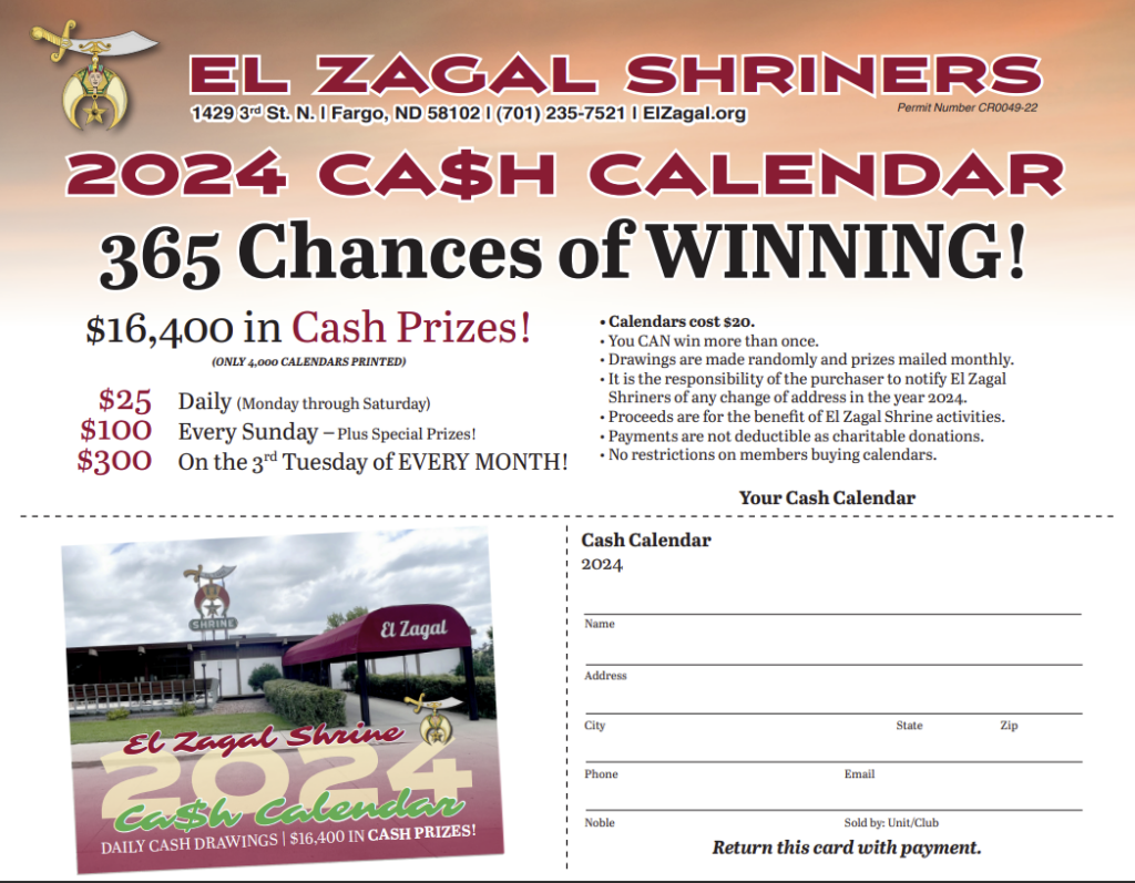 2024 Cash Calendar El Zagal Shriners